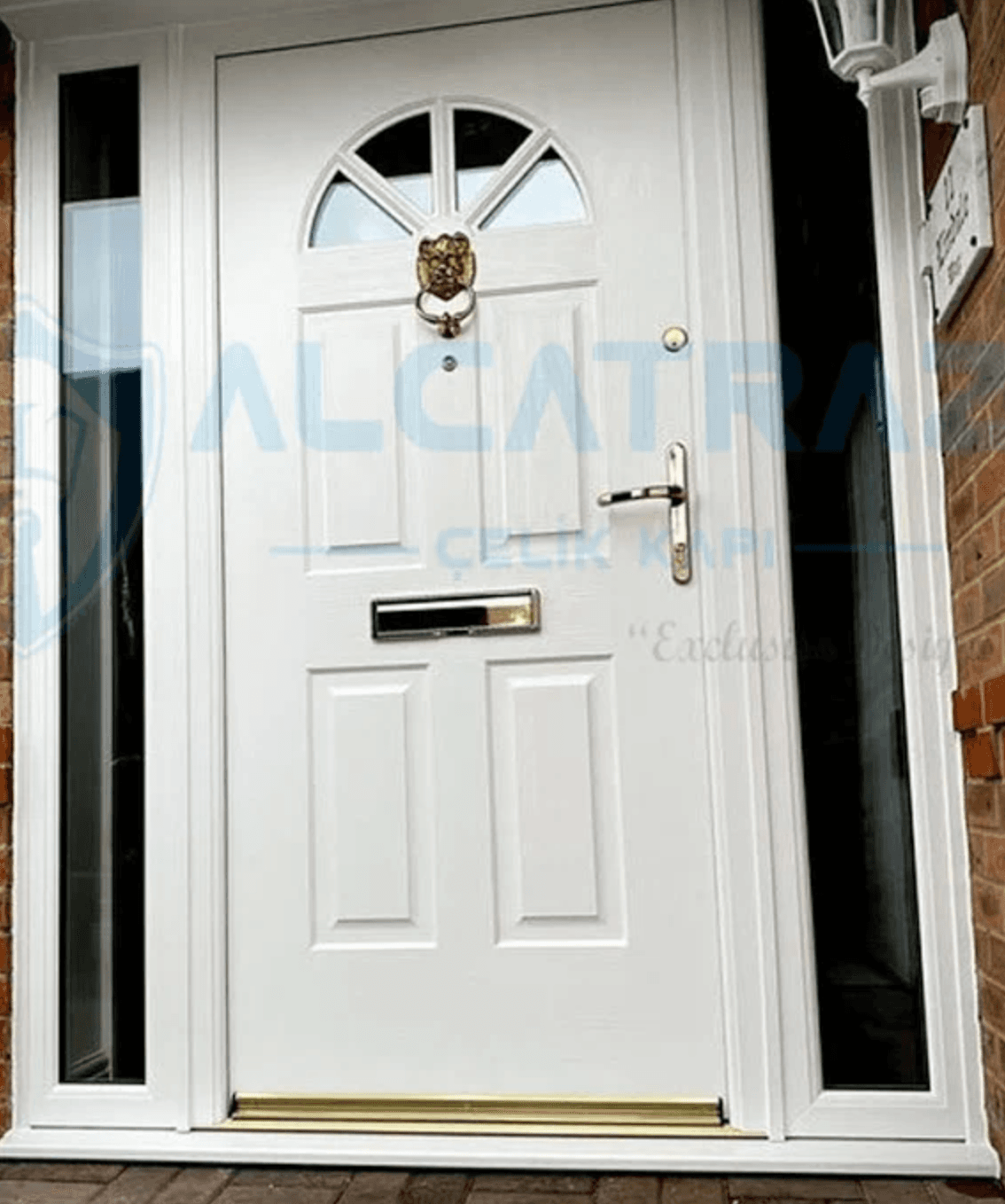 A white uPVC front door featuring a traditional paneled design and an arched glazed section at the top, surrounded by fixed sidelight windows. The door is equipped with brass-toned hardware, including a decorative lion's head knocker, a letter plate, and a handle with a lock. The entire assembly, including the frame, is white, suggesting a modern yet classic aesthetic for an entryway. — 3D model