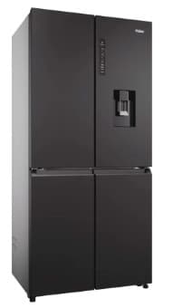 A freestanding, four-door refrigerator with a built-in water dispenser. The refrigerator features a sleek, modern design with a flat front and minimal visible hardware. The doors appear to be hinged and are flush with the cabinet. The water dispenser is located on the upper right-hand door. A digital control panel is visible on the upper right-hand door. The unit is predominantly dark in color. — 3D model