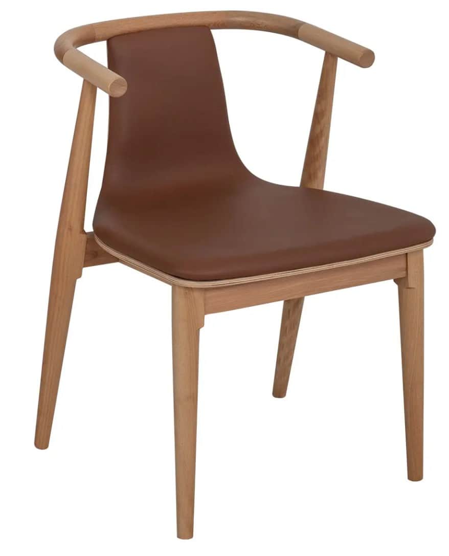 A modern dining armchair featuring a light-toned wooden frame with a curved backrest and armrests, c… — 3D model