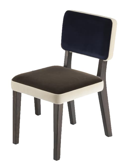 An upholstered dining chair with a dark wooden frame, featuring a light cream/beige border on the seat and back, and a contrasting dark navy blue velvet backrest. — 3D model