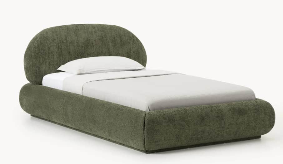A modern, upholstered bed frame with a rounded, semi-circular headboard and a low-profile base. The… — 3D model