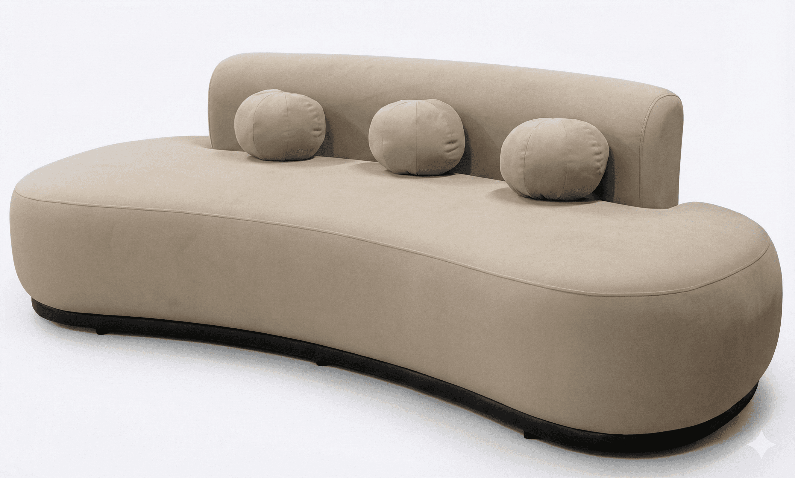 A contemporary, curved sofa with a beige upholstered finish and a dark, possibly wood or metal, base… — free GLTF 3D model