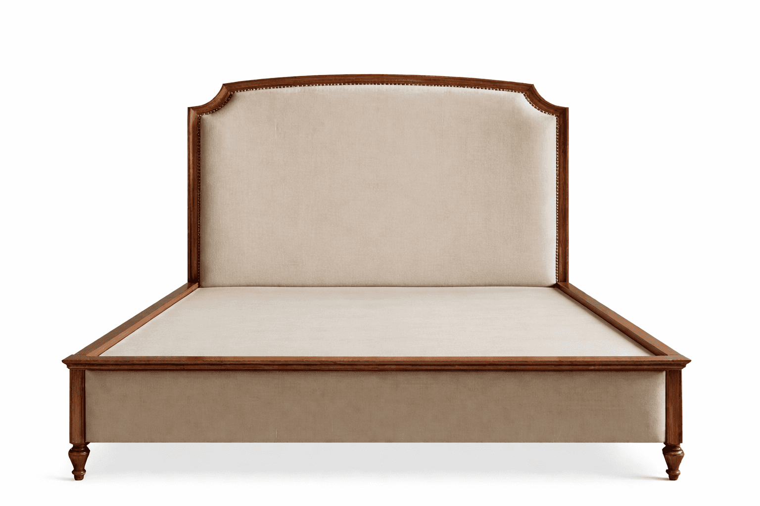A wooden bed frame featuring an upholstered headboard and footboard. The headboard has a curved, arc… — free OBJ 3D model