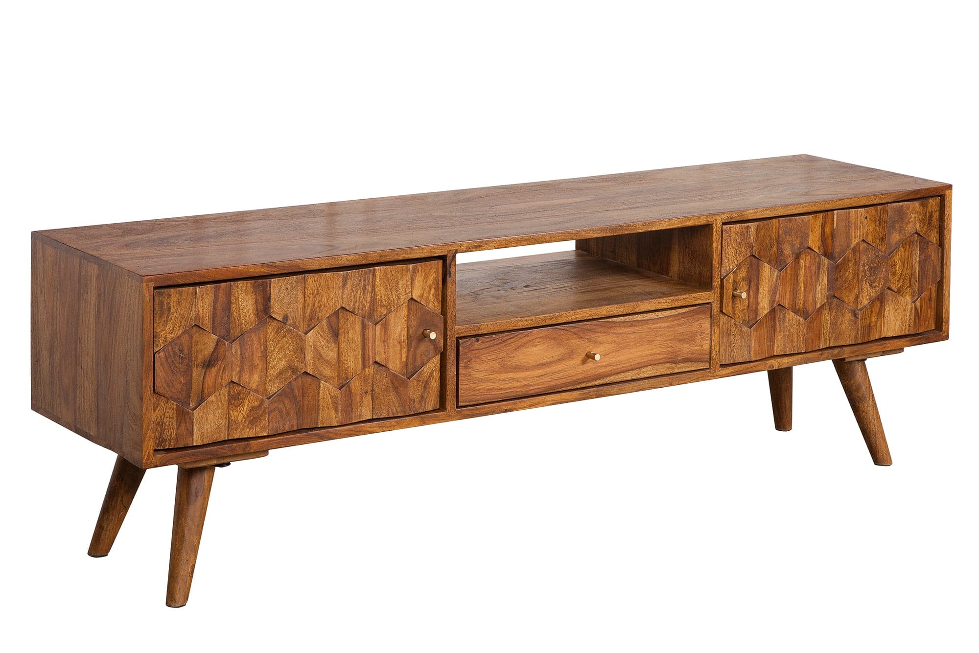 A long, low wooden TV stand with a mid-century modern design. It features two cabinet doors with a geometric carved pattern, one central drawer, and an open shelf space. The stand is supported by four tapered legs. — 3D model