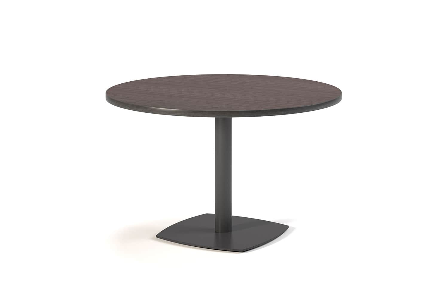 A round side table with a dark wood veneer top and a central pedestal base. The base has a square, s… — 3D model