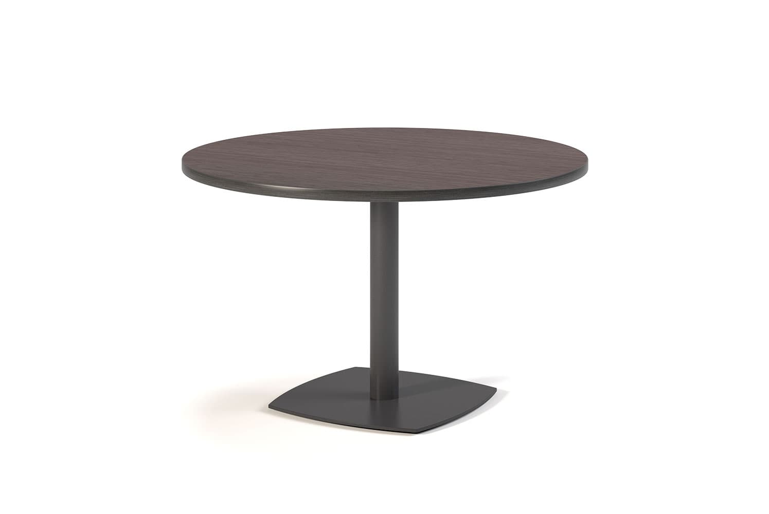 A round side table with a dark wood veneer top and a central pedestal base. The base has a square, slightly curved foot. — 3D model