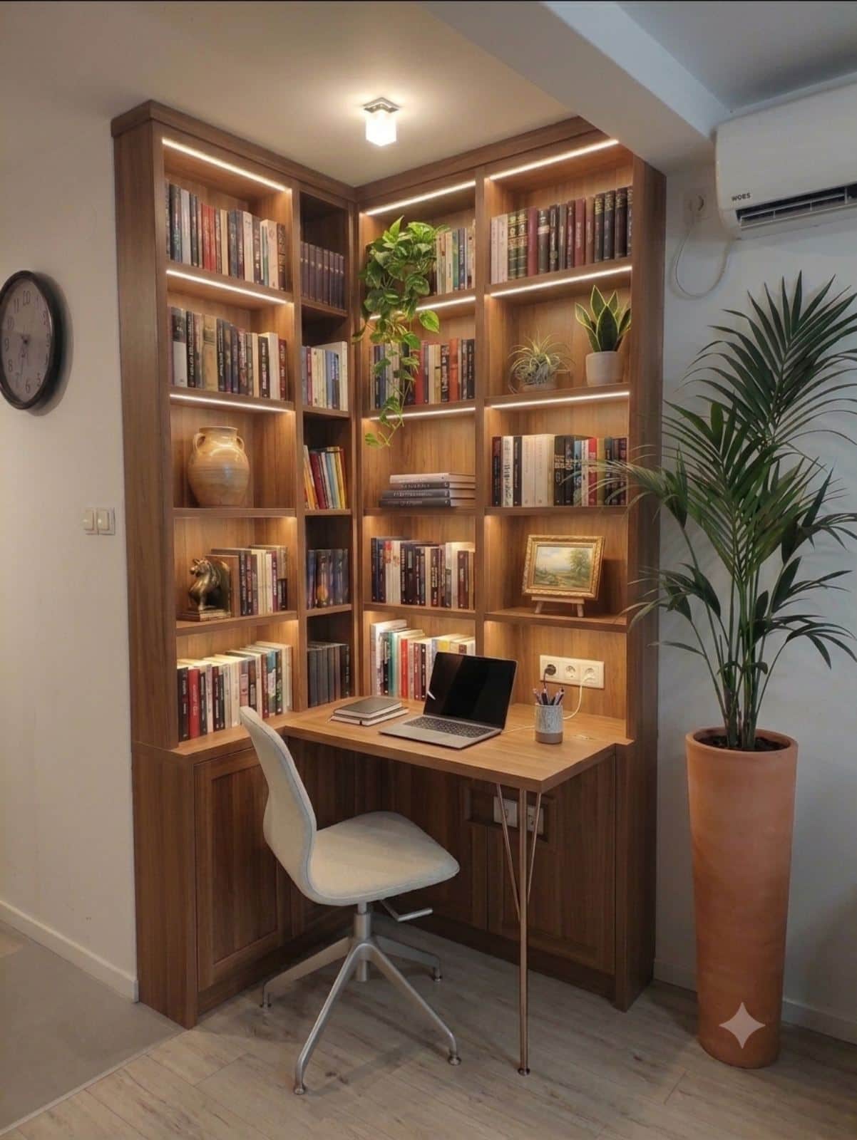An L-shaped custom built-in corner unit featuring extensive open shelving with integrated LED lighti… — free FBX 3D model
