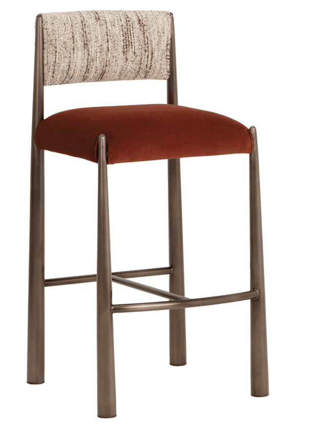 A bar stool with a metal frame, a cushioned seat, and a cushioned backrest. The seat is upholstered in a dark rust-colored velvet. The backrest has a textured fabric with a blend of cream, beige, and reddish-brown threads. The frame consists of four tapered legs connected by horizontal support bars, including a footrest. — 3D model