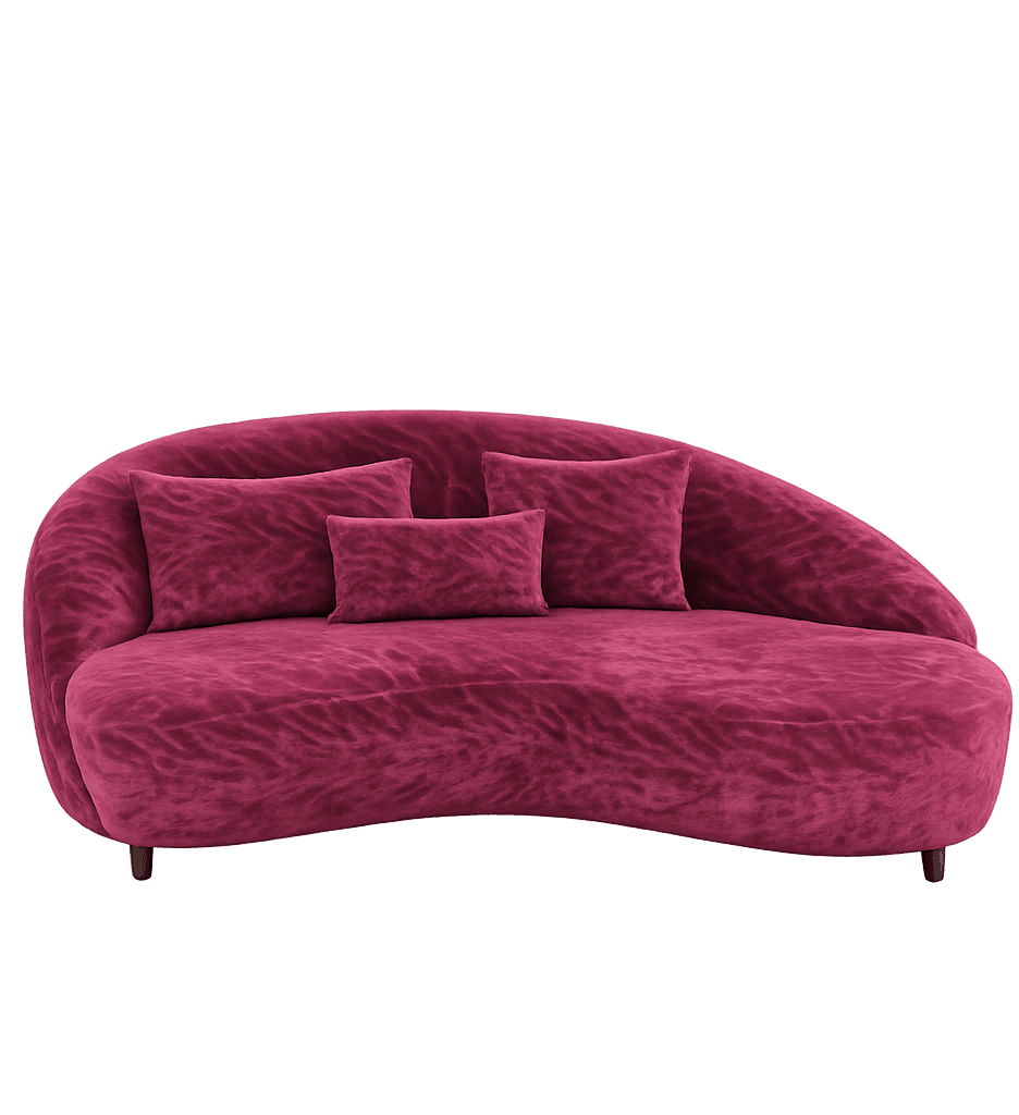 A curved sofa with a plush, textured upholstery in a deep rose or magenta color. It features a sinuous silhouette and includes three throw pillows: two larger square-shaped and one smaller rectangular. The sofa is supported by short, dark legs, barely visible against the dark background. — 3D model