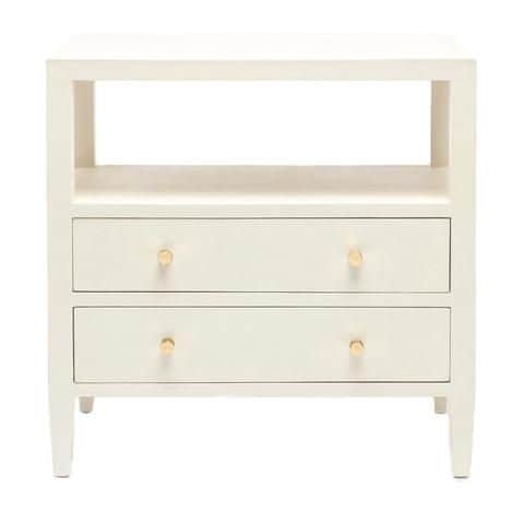 A cream-colored nightstand featuring a textured faux shagreen finish, an open display shelf, and two… — 3D model