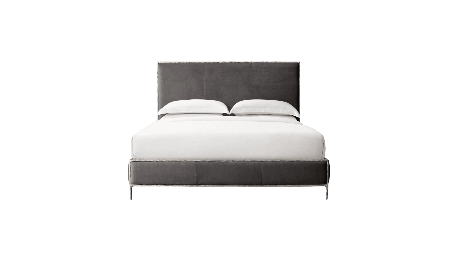 A modern upholstered bed frame with a headboard and footboard, featuring a dark gray material and a… — 3D model