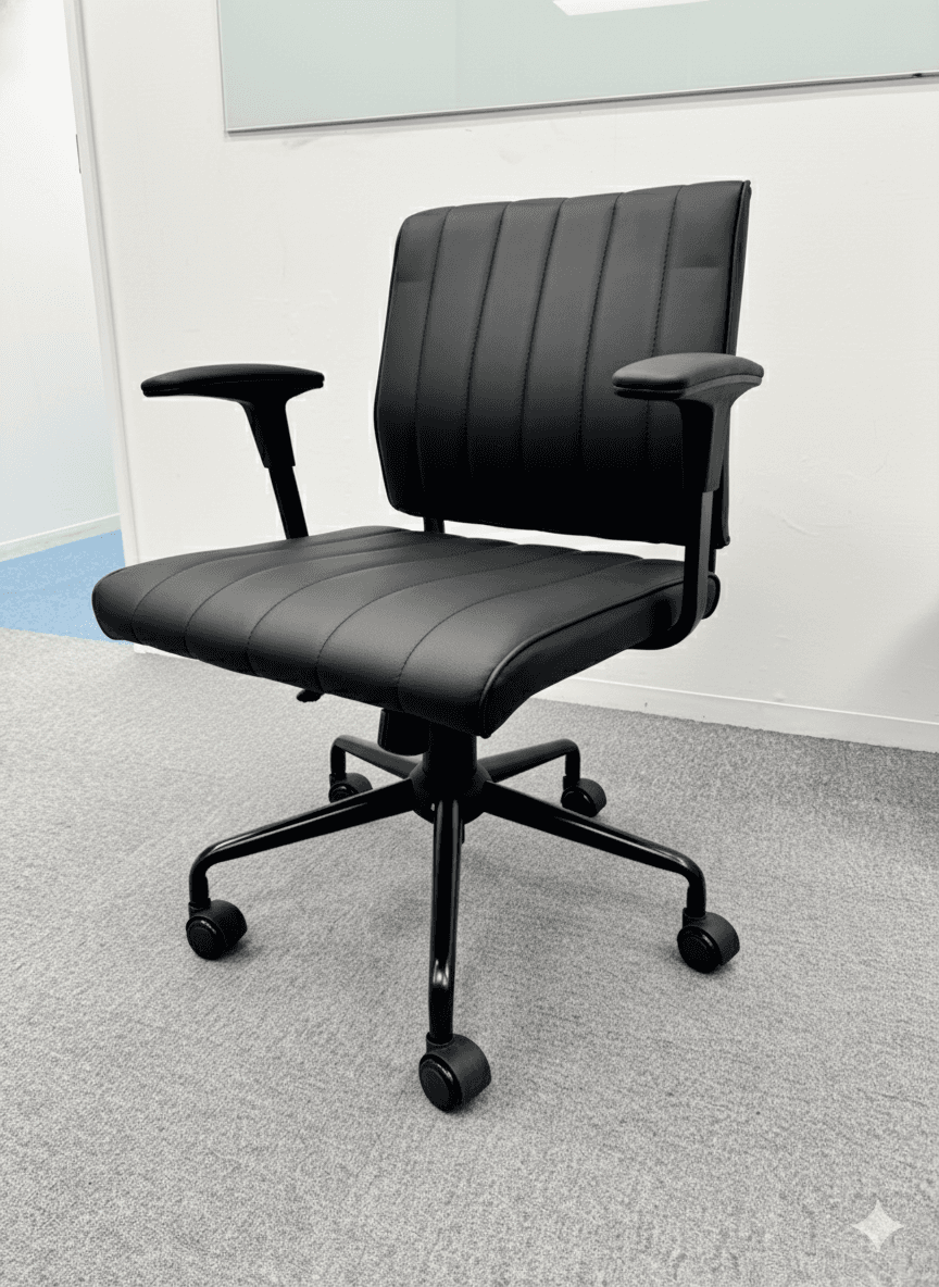 A black office chair with a padded seat and back, featuring vertical stitching. It has adjustable armrests and a five-star base with casters for mobility. The frame and base appear to be made of metal. — 3D model
