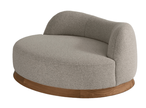 A modern, low-profile lounge chair with a curved, asymmetrical backrest and armrest, upholstered in a light, textured fabric, and supported by a solid wood plinth base. — 3D model