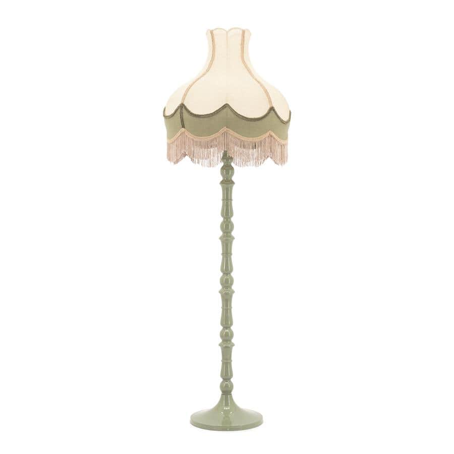 A vintage-style floor lamp with a cream-colored, bell-shaped lampshade featuring scalloped edges and… — 3D model