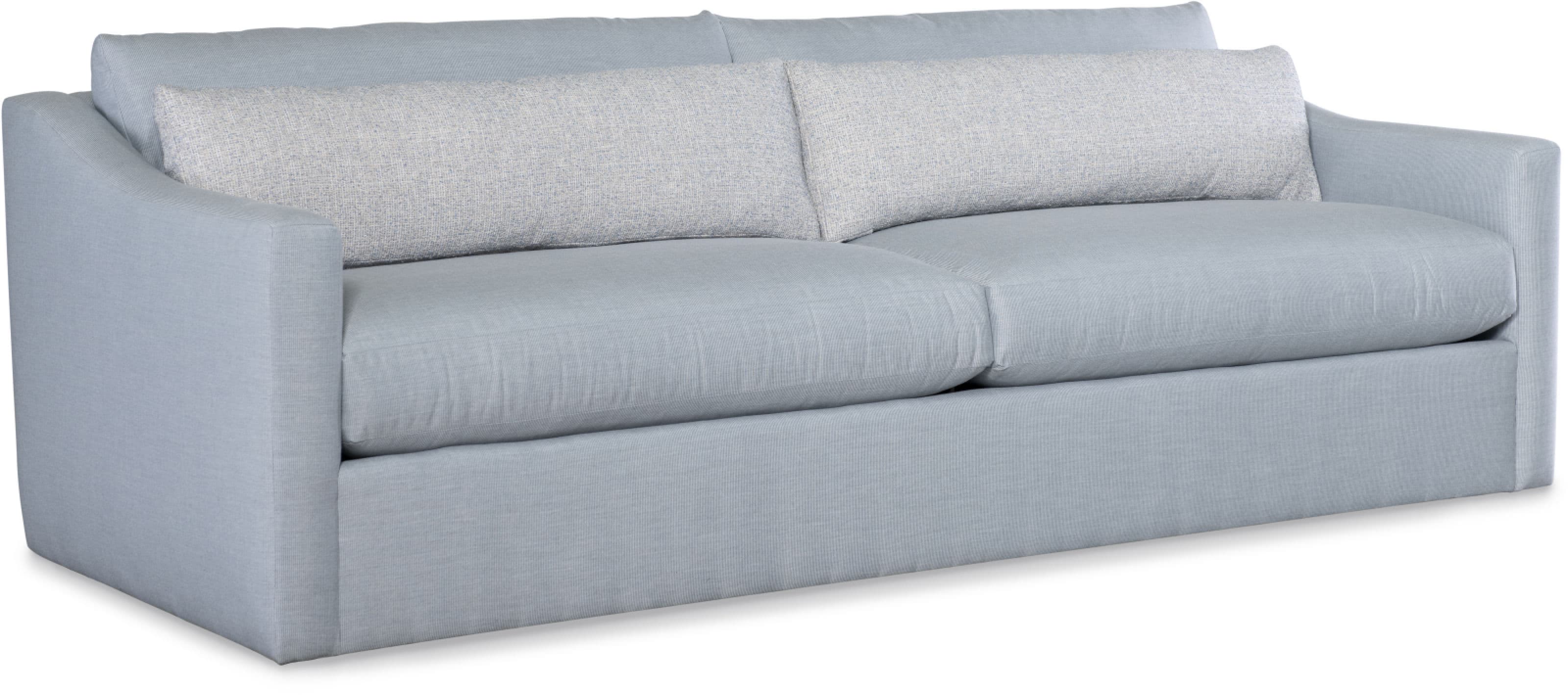 A contemporary light blue fabric sofa featuring broad track arms and a fully upholstered base. It includes two deep seat cushions and two back cushions, complemented by two rectangular accent pillows with a lighter, textured pattern. — 3D model