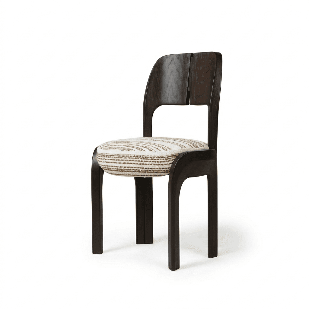 A dark brown wooden chair with a curved backrest and a cushioned seat. The seat is upholstered in a textured fabric with a geometric pattern in white, brown, and beige tones. The chair features a modern, minimalist design with clean lines and a sturdy frame. — 3D model