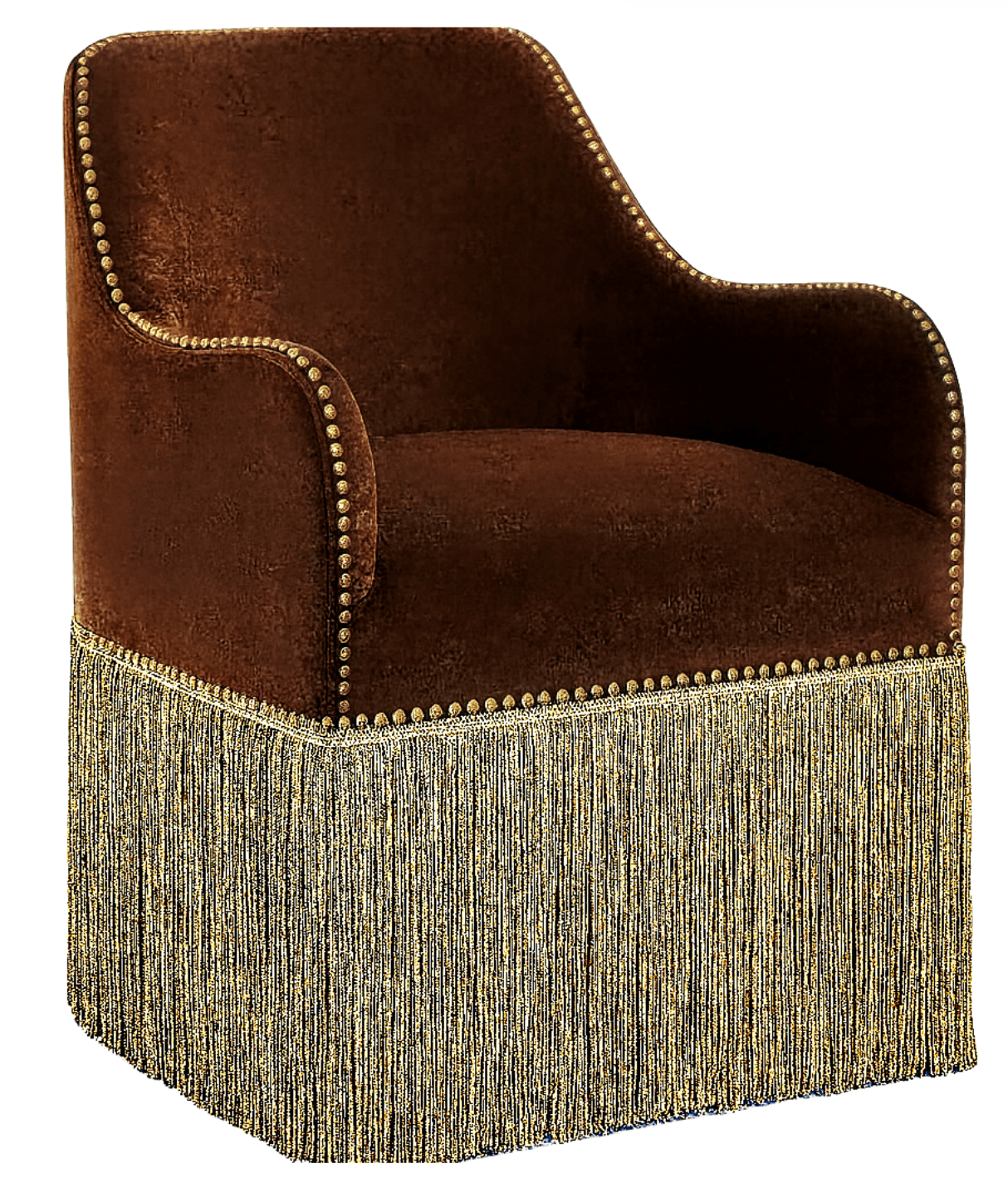 A plush armchair upholstered in a deep brown velvet fabric. The chair features a rounded back and arms, and is adorned with decorative brass nailhead trim along the edges of the upholstery. The lower portion of the chair is covered by a long, shimmering fringe in shades of gold and silver, extending almost to the floor. The overall design suggests a classic or vintage aesthetic. — 3D model