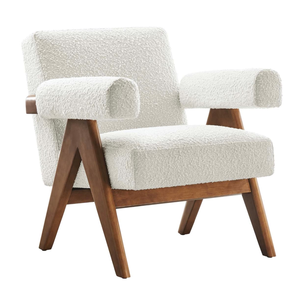 A single upholstered armchair featuring a wooden frame. The upholstery is a textured, boucle fabric in white. The frame consists of angled legs and armrests with a visible wood grain. The design appears modern with a slightly retro influence. — 3D model