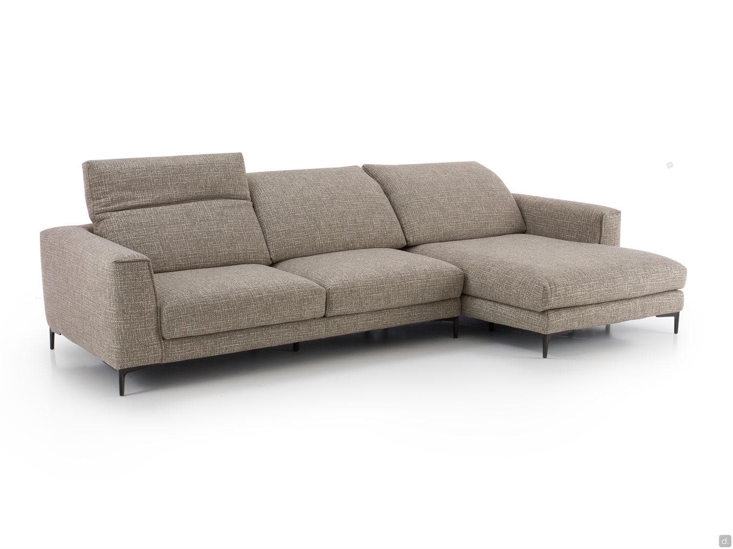 A sectional sofa with a chaise lounge. The sofa features three seat cushions and an adjustable headrest on the left armrest section. The chaise lounge extends from the right side. The sofa is upholstered in a textured fabric and is supported by low-profile legs. — 3D model