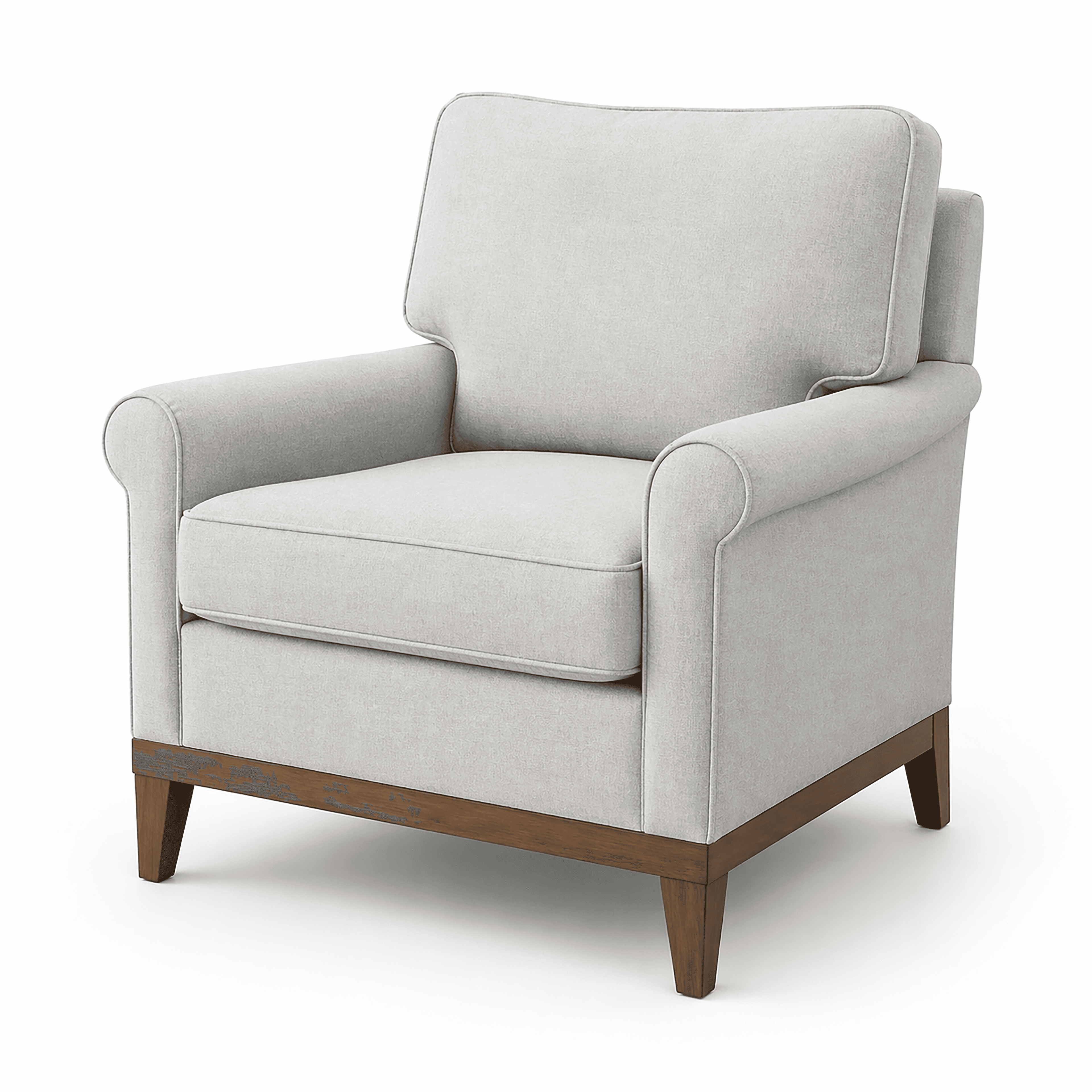A light-colored armchair with upholstered cushions and a visible wooden base and legs. — free OBJ 3D model