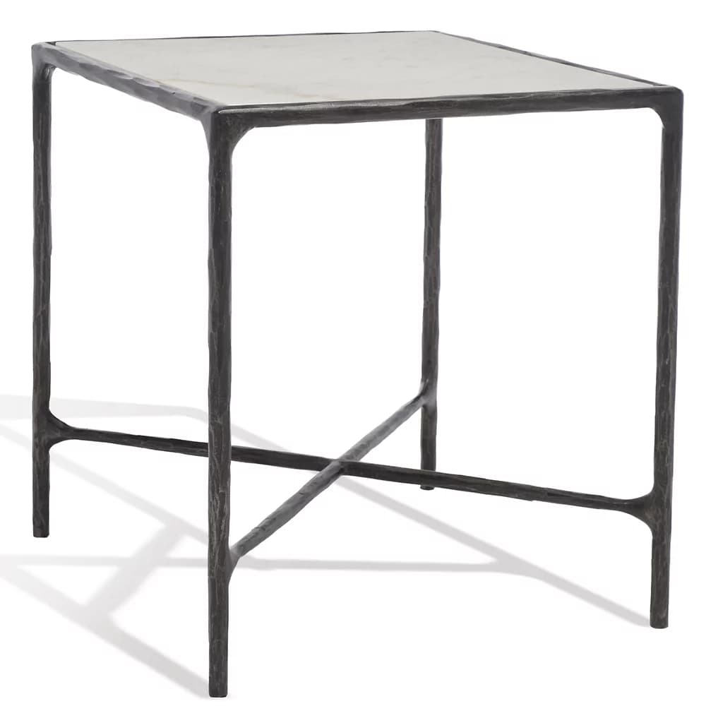 A square side table featuring a white marble top and a dark, textured hammered metal frame. The frame has an open, minimalist design with a lower X-shaped stretcher, blending industrial aesthetics with natural elegance. — 3D model
