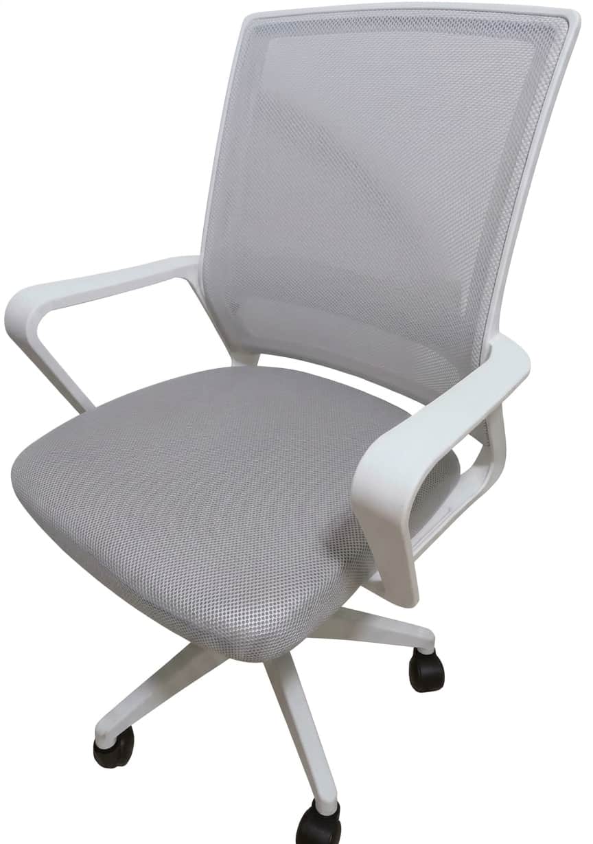A modern office chair featuring a light gray mesh backrest and seat, supported by a white plastic or… — free SKP 3D model