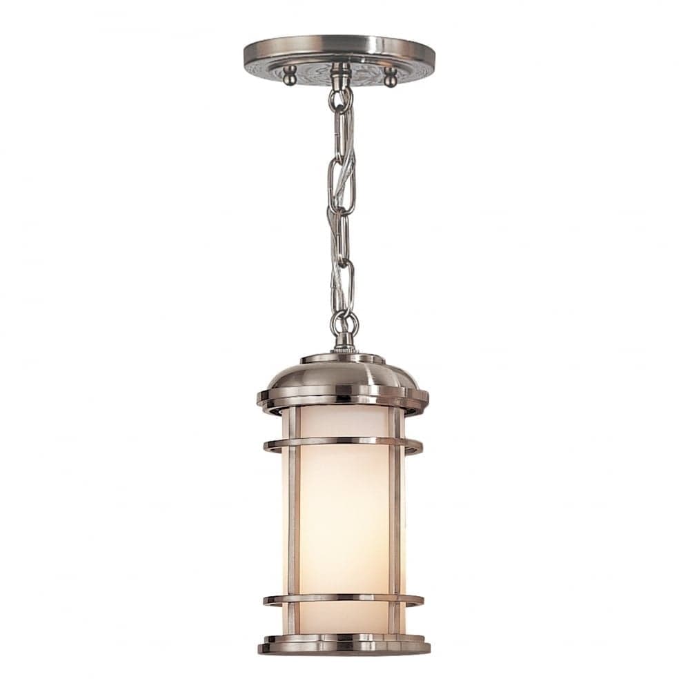 A contemporary pendant light featuring a cylindrical frosted glass diffuser encased by a framework of brushed nickel metal. The fixture is suspended by a linked chain from a circular ceiling canopy, also in a brushed nickel finish. The design incorporates horizontal metal bands around the glass, giving it a structured, possibly industrial or nautical-inspired aesthetic. — 3D model