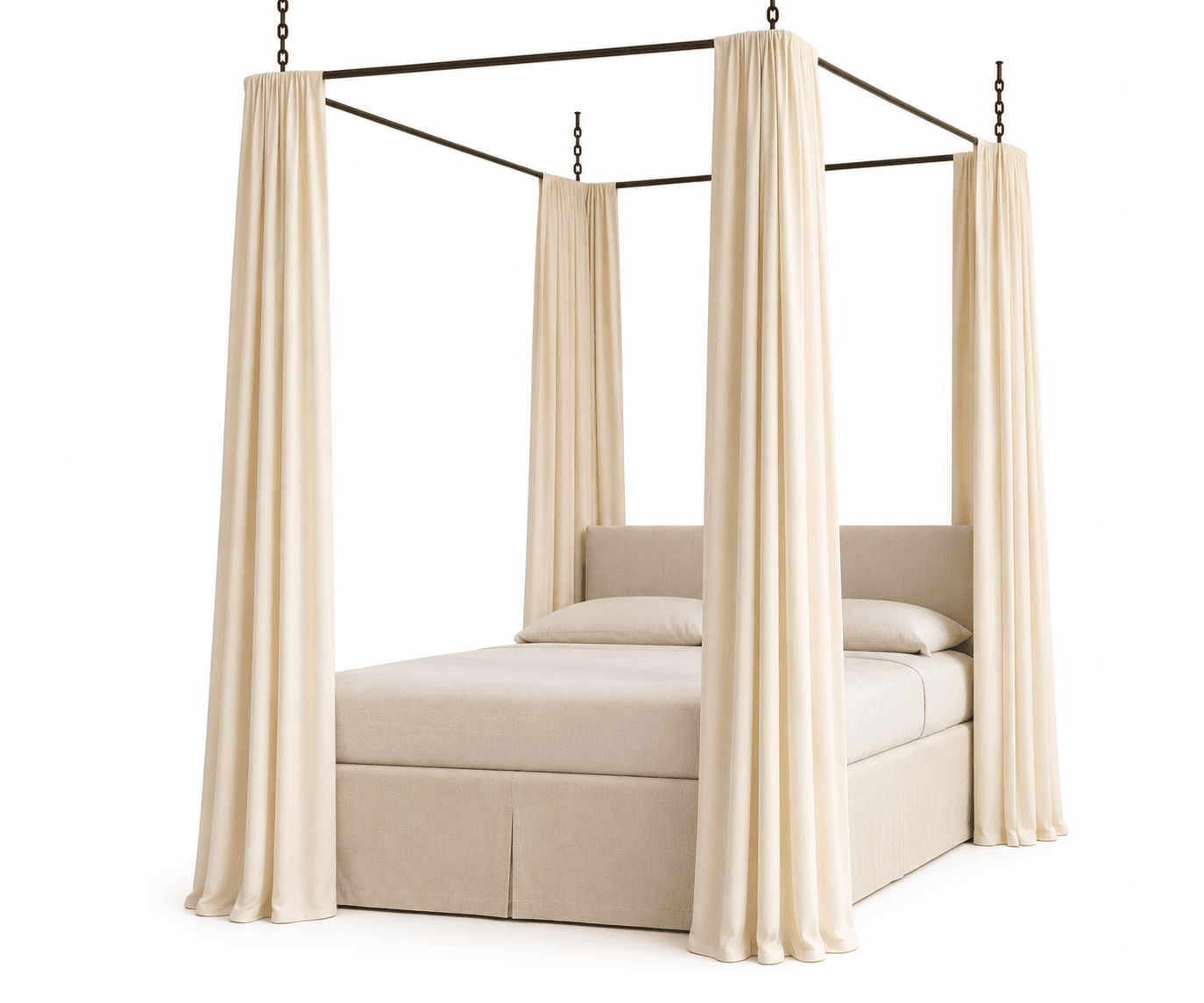 A modern canopy bed featuring a minimalist black metal frame supporting draped light beige curtains. The bed includes an upholstered headboard and a platform base with a pleated bed skirt, all in a matching light beige fabric. The bedding consists of light beige sheets and pillows, contributing to a cohesive and serene aesthetic. — 3D model