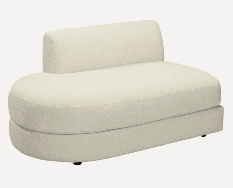 A contemporary upholstered sofa with a unique curved silhouette. It features a rounded armrest that seamlessly transitions into the seat, and a backrest that curves slightly inward. The sofa is upholstered in a textured fabric with a visible weave. The base is a solid, rectangular block, and it sits on small, low-profile feet. — 3D model