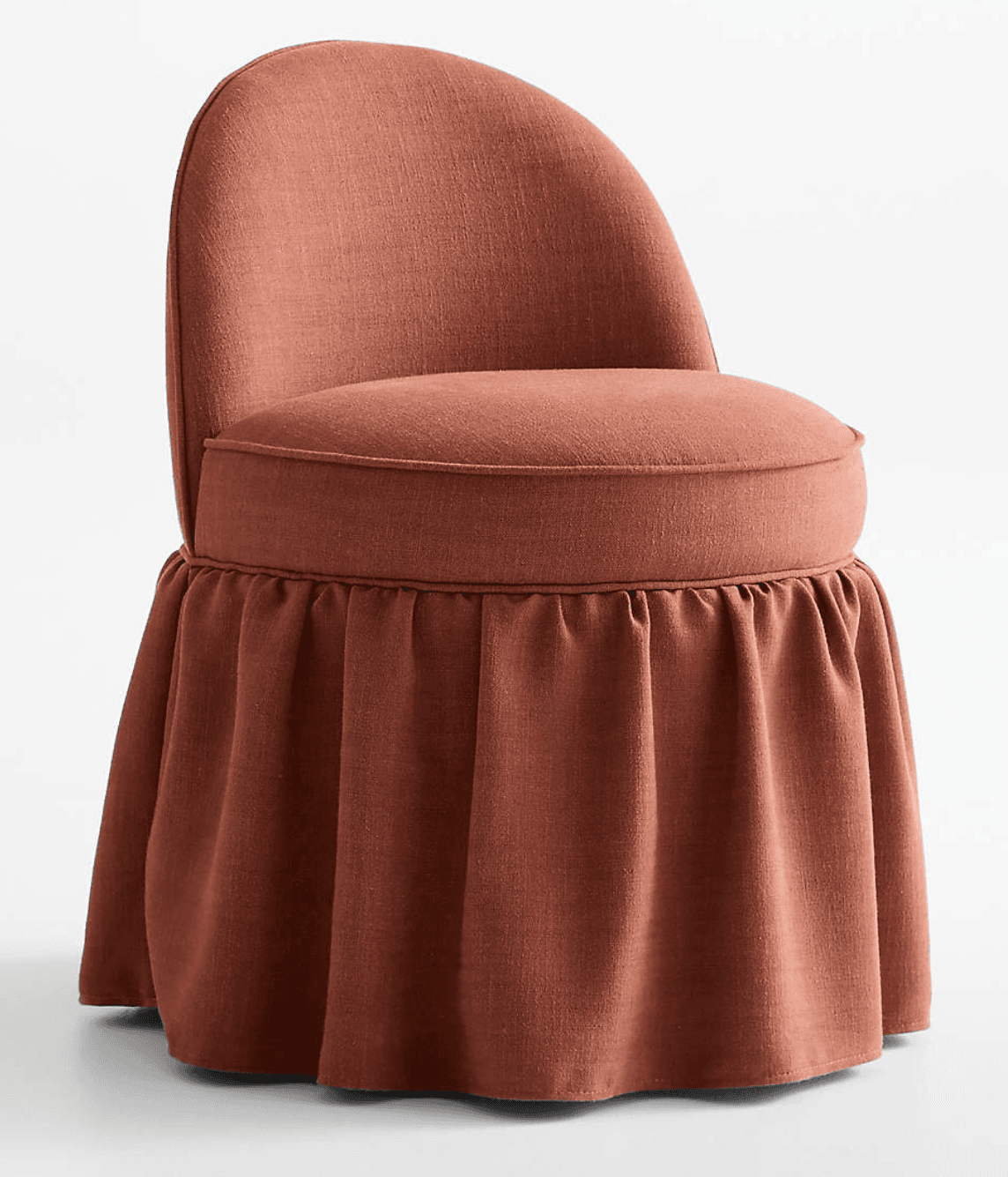 A fully upholstered, armless chair featuring a distinctive rounded backrest and a circular seat, elevated by a gathered fabric skirt that conceals its base and legs. — 3D model