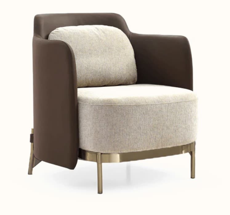 A modern armchair with a rounded silhouette. The frame features rich brown upholstery, likely leather, with contrasting light beige fabric on the seat and back cushions. A separate, plush cushion is positioned against the backrest for added comfort. The armchair is supported by slender, metallic legs and a decorative metallic band around the base. — 3D model