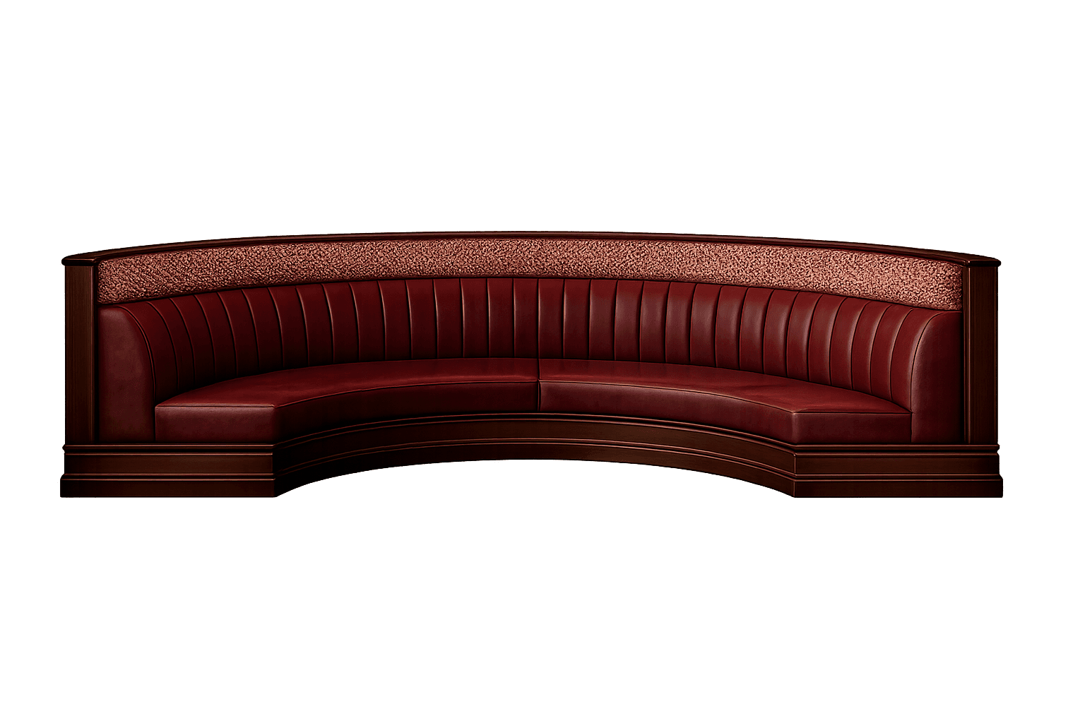 A curved booth seat with a rich, red upholstered seat and backrest. The upholstery features vertical… — 3D model