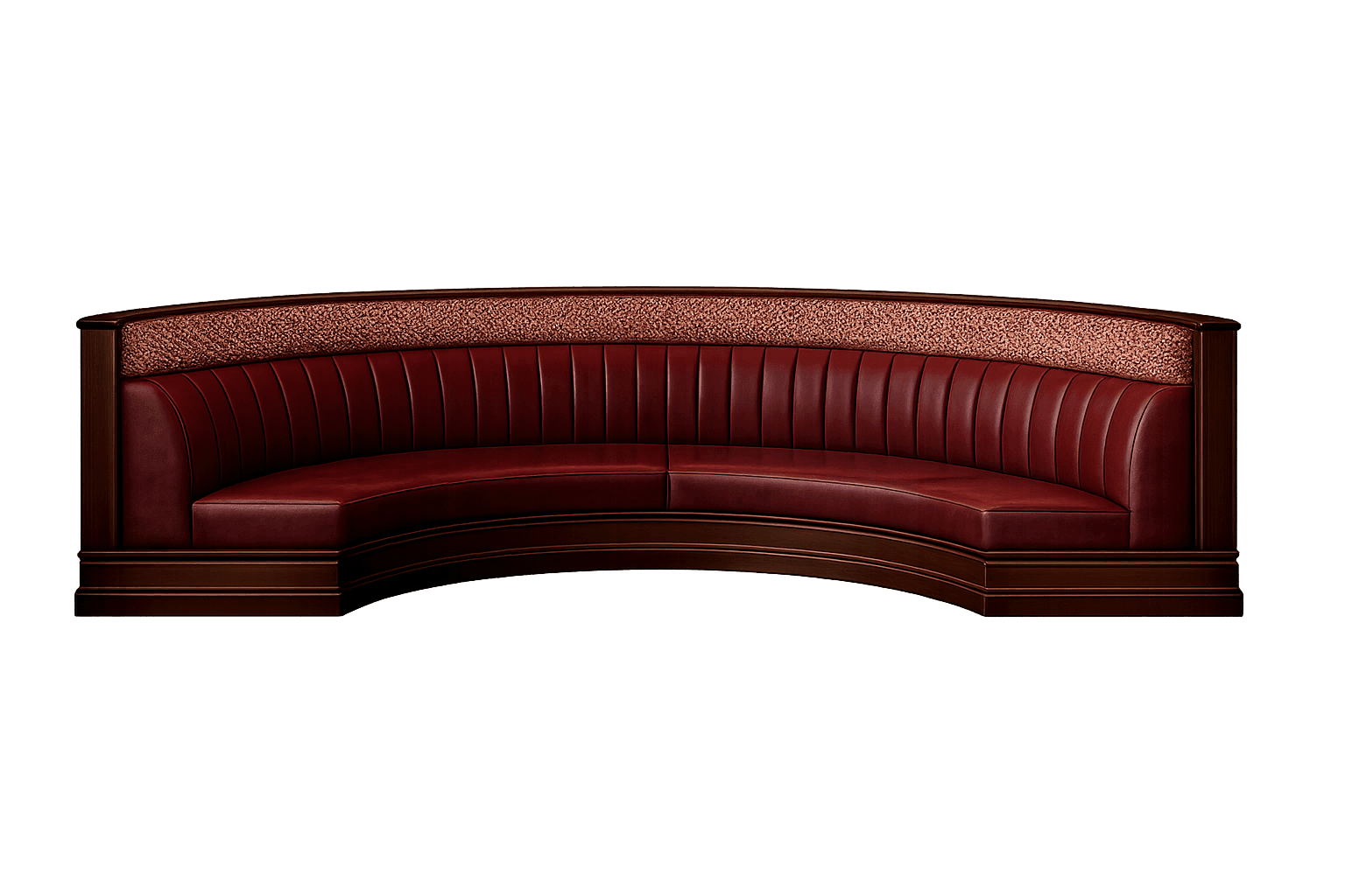 A curved booth seat with a rich, red upholstered seat and backrest. The upholstery features vertical channel tufting. The frame is constructed of dark wood, with layered trim details along the base and top edge. The upper backrest has a textured accent material in a reddish-brown hue. — 3D model