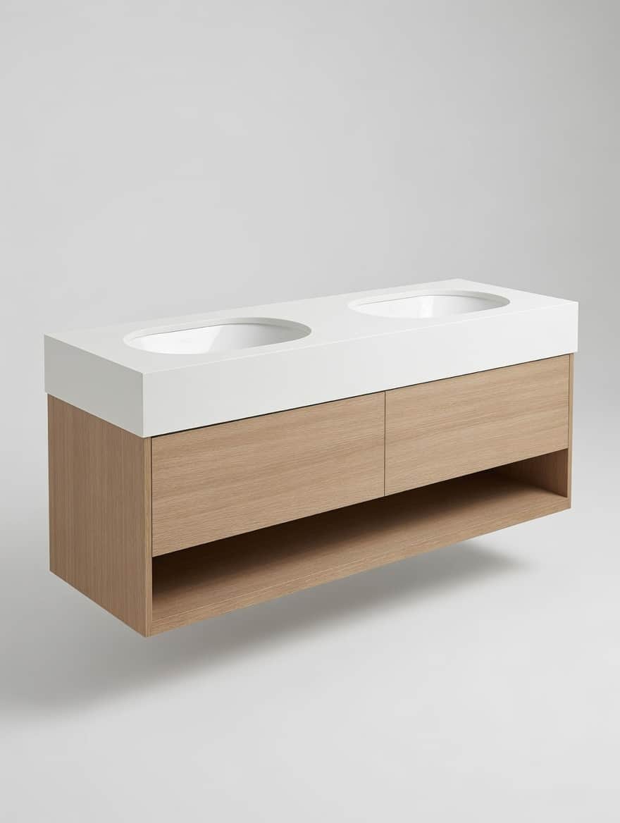 A modern, wall-mounted double sink bathroom vanity featuring a white solid surface countertop with t… — 3D model