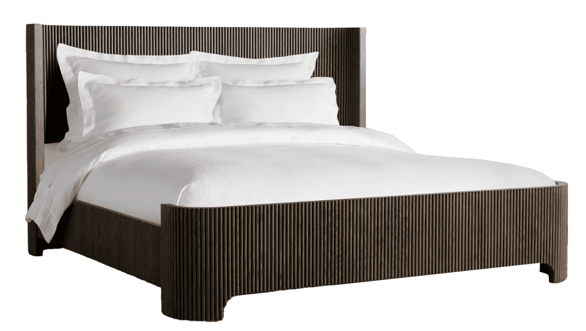 A queen-sized bed frame with a slatted headboard and footboard. The headboard features vertical slat… — free OBJ 3D model