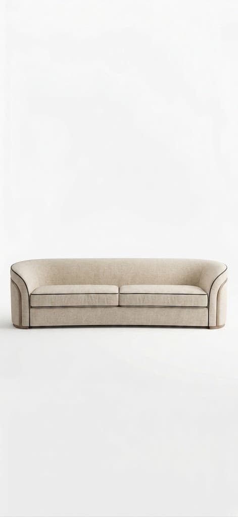 A light beige upholstered sofa featuring a gently curved back and armrests that flow seamlessly from the back. It has two distinct seat cushions, both outlined with dark brown or black piping. The same piping detail is visible along the curved edges of the armrests, creating a distinct visual outline. The sofa rests on a low, possibly wooden, plinth base. The overall design is sleek and contemporary with a touch of elegance provided by the piping. — 3D model