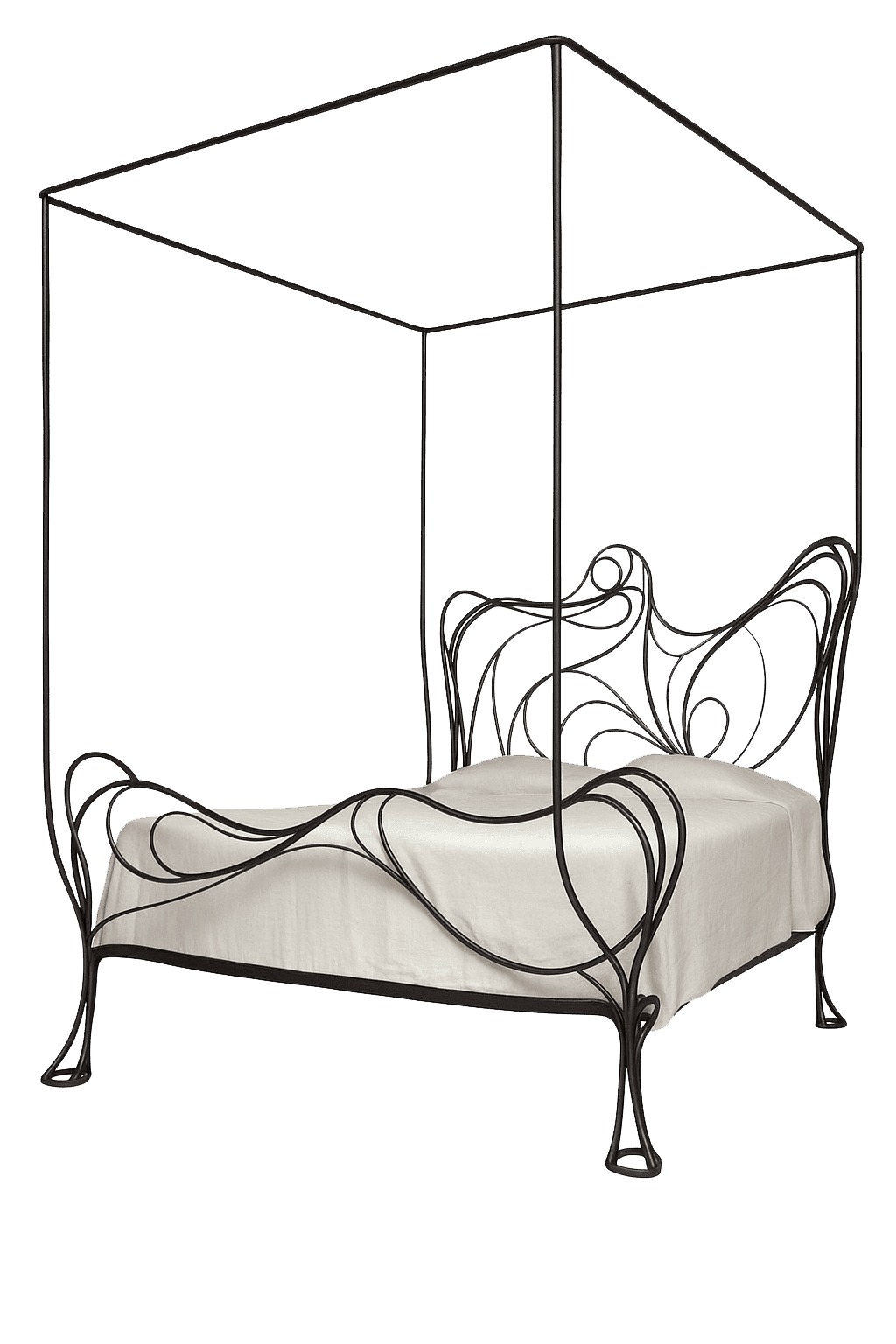 A black wrought iron canopy bed with an ornate headboard and footboard featuring flowing, organic li… — 3D model