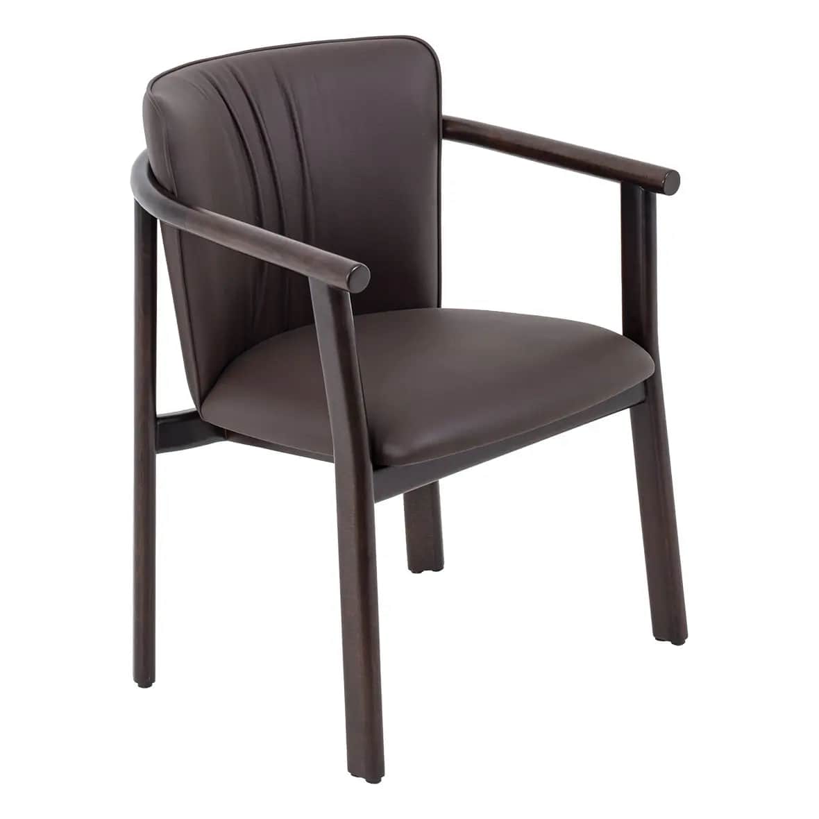 A contemporary dark brown upholstered armchair, featuring a dark-stained wooden frame. The chair has… — 3D model