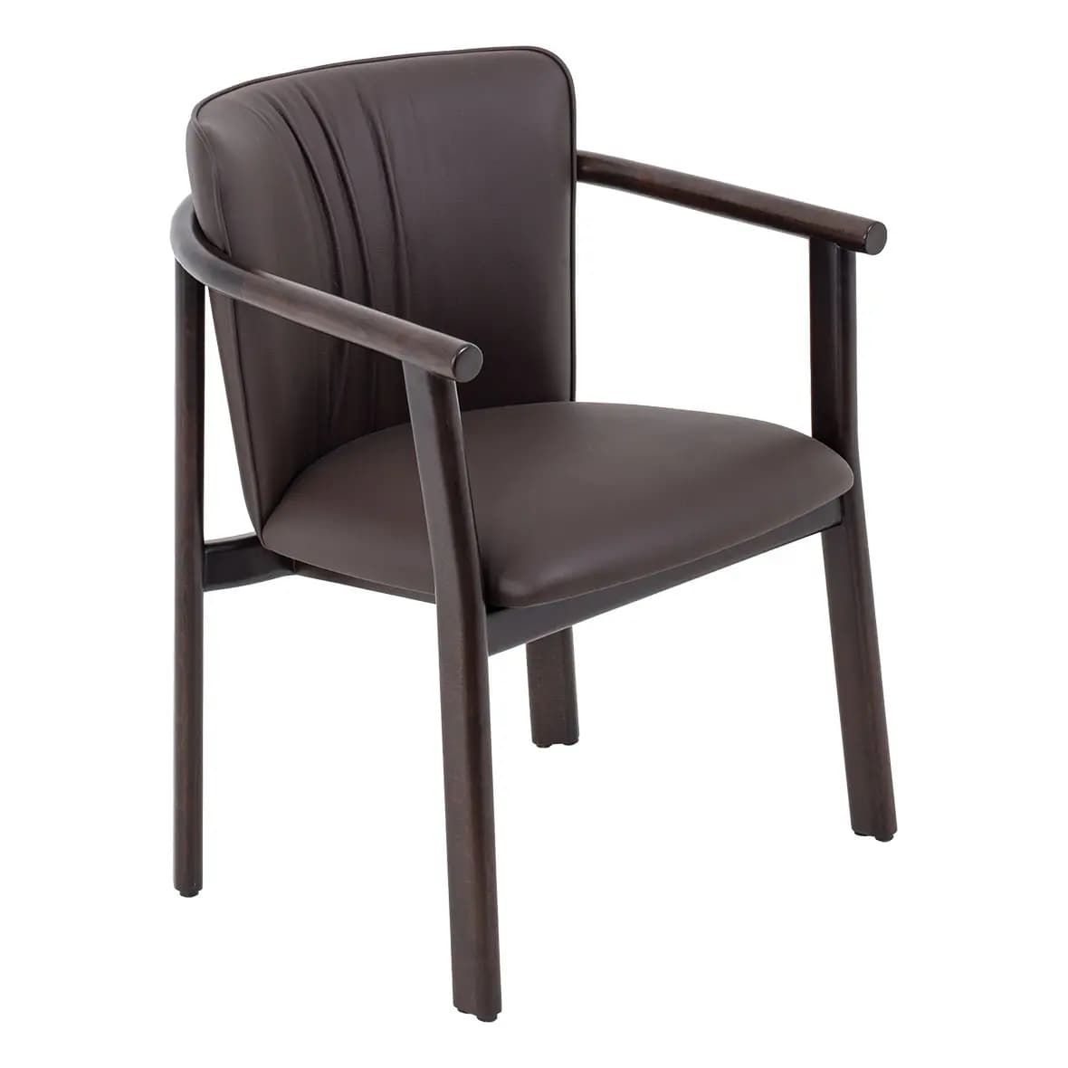 A contemporary dark brown upholstered armchair, featuring a dark-stained wooden frame. The chair has a minimalist design with a padded seat and backrest, and integrated armrests that curve elegantly from the back support. The backrest shows subtle vertical channel tufting. — 3D model