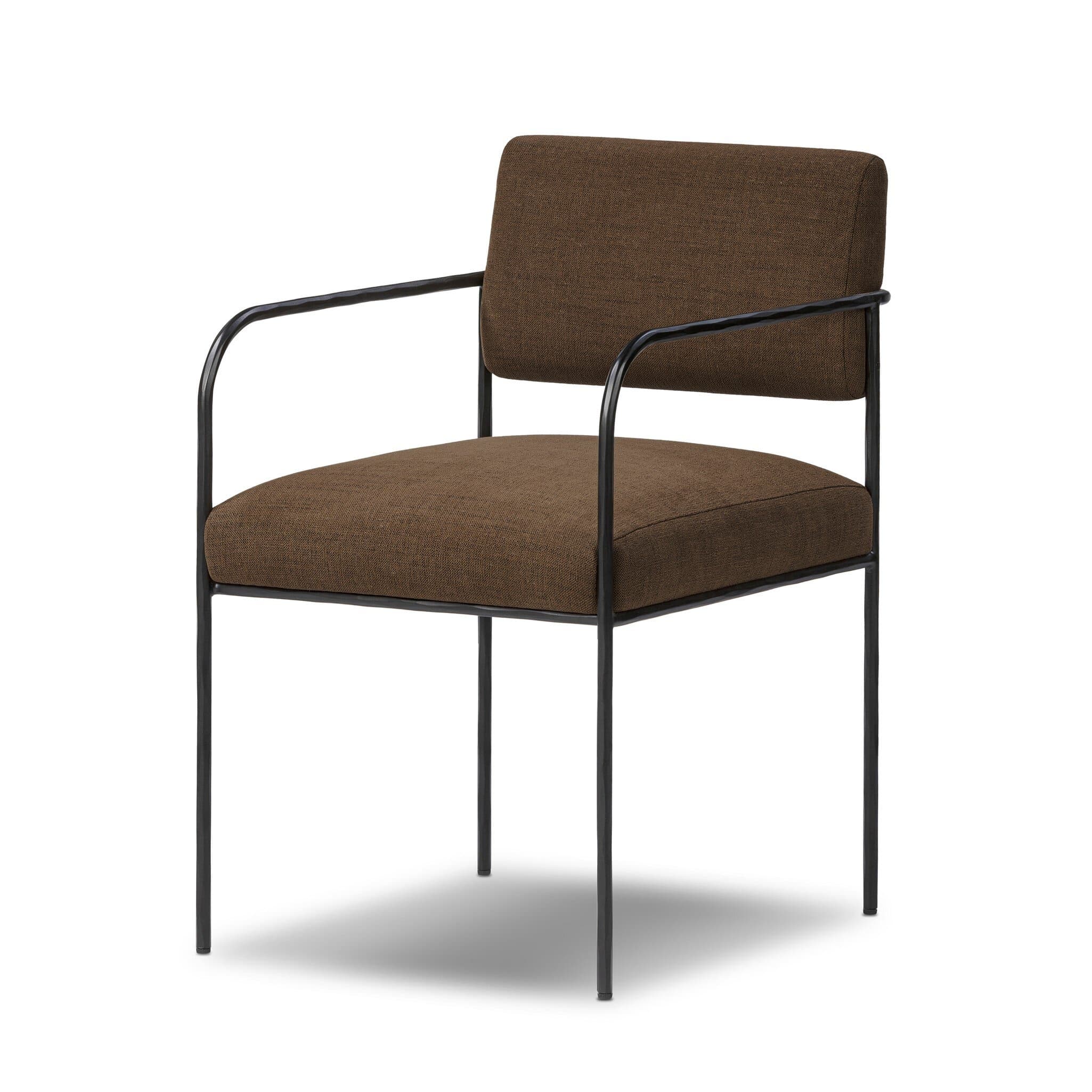 An industrial-style armchair featuring a black tubular metal frame and upholstered seat and backrest in a textured brown fabric. The chair has integrated armrests and a minimalist silhouette. — 3D model