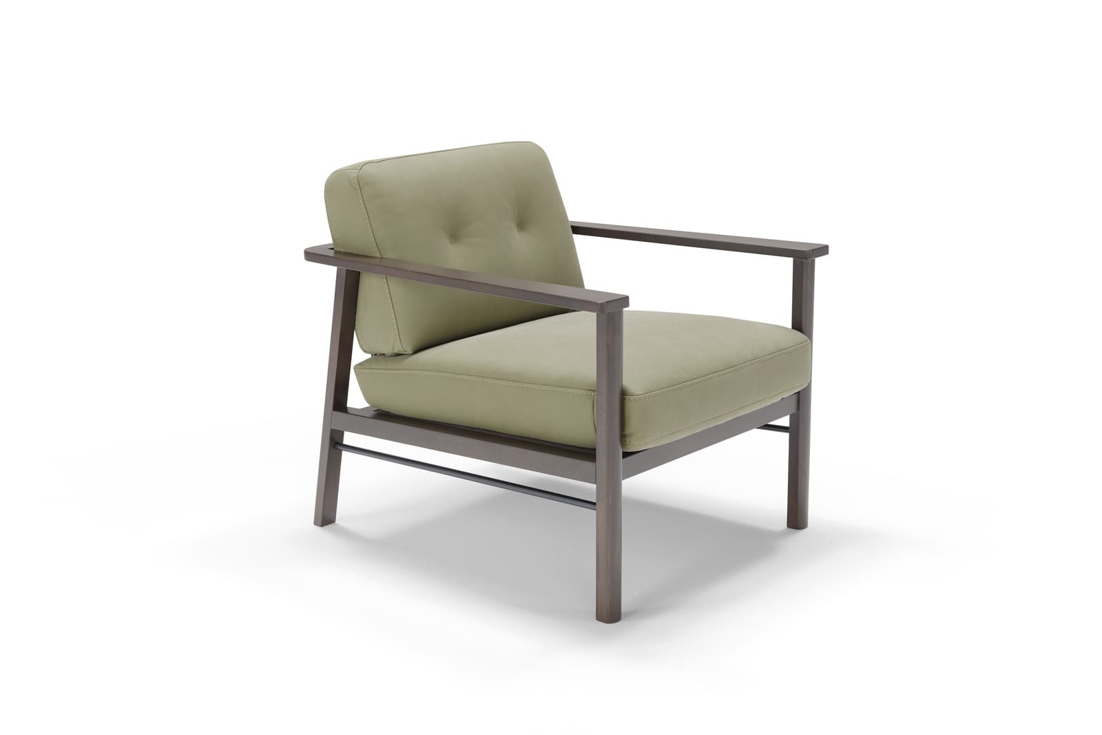 A modern armchair with a wooden frame and upholstered cushions. The frame is dark in color and has a minimalist design with straight lines. The seat and back cushions are a light olive green color and appear to be tufted on the back cushion. — 3D model