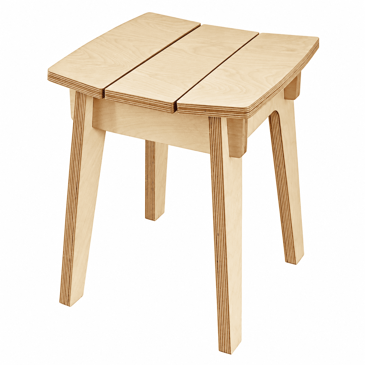 A light-colored wooden stool featuring a square seat composed of three slightly curved slats, supported by four straight legs. The construction clearly showcases the layered edges of birch plywood, giving it a modern, minimalist aesthetic. — 3D model