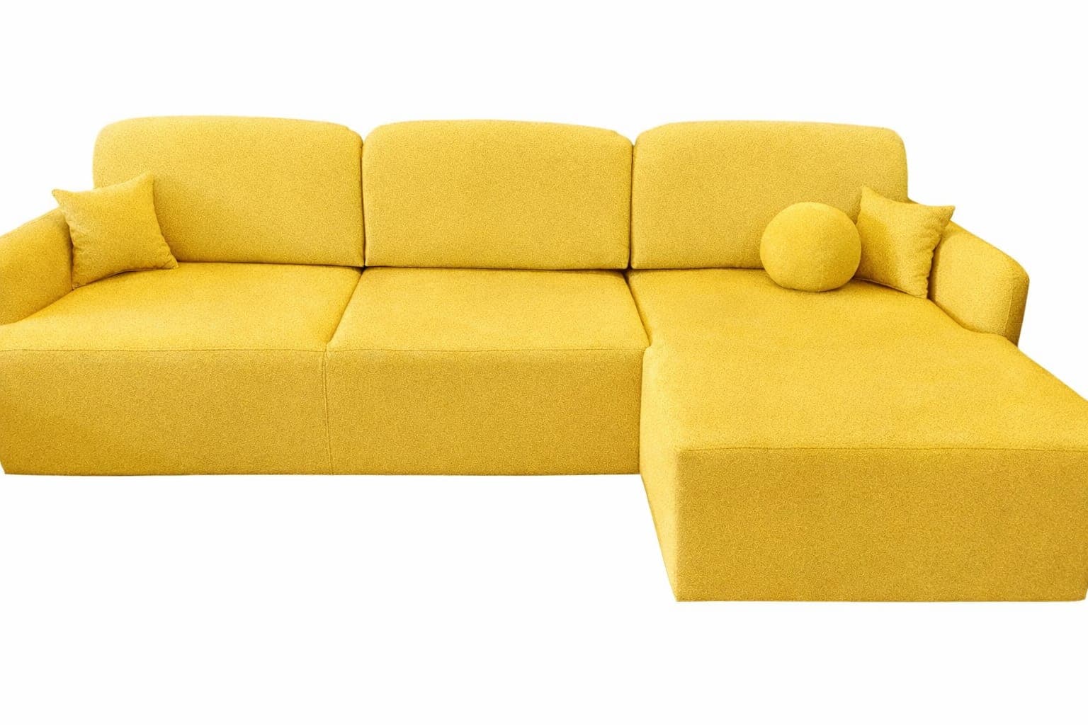 A bright yellow sectional sofa with three seat cushions and a chaise lounge. It features distinct stitching on the seat and back cushions, with additional accent pillows, one spherical and two rectangular. The sofa has a low profile and appears to be upholstered in a textured fabric. — 3D model