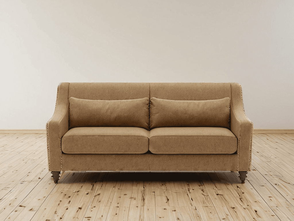 A two-seater sofa with a high back and plush cushions. The sofa is upholstered in a tan or light brown fabric and features decorative nailhead trim along the arms and the lower front edge. It has two seat cushions and two back cushions, with an additional lumbar pillow on each side. The frame appears to have wooden legs. — 3D model