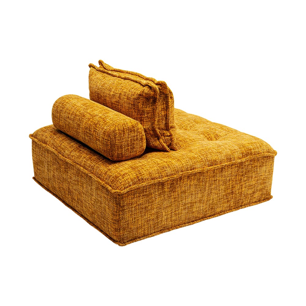 A modular upholstered sofa unit with a low profile and blocky construction. It features a tufted seat cushion and includes two back/armrest cushions: one rectangular and one cylindrical bolster. The upholstery is a textured woven fabric in a golden-yellow hue. — 3D model