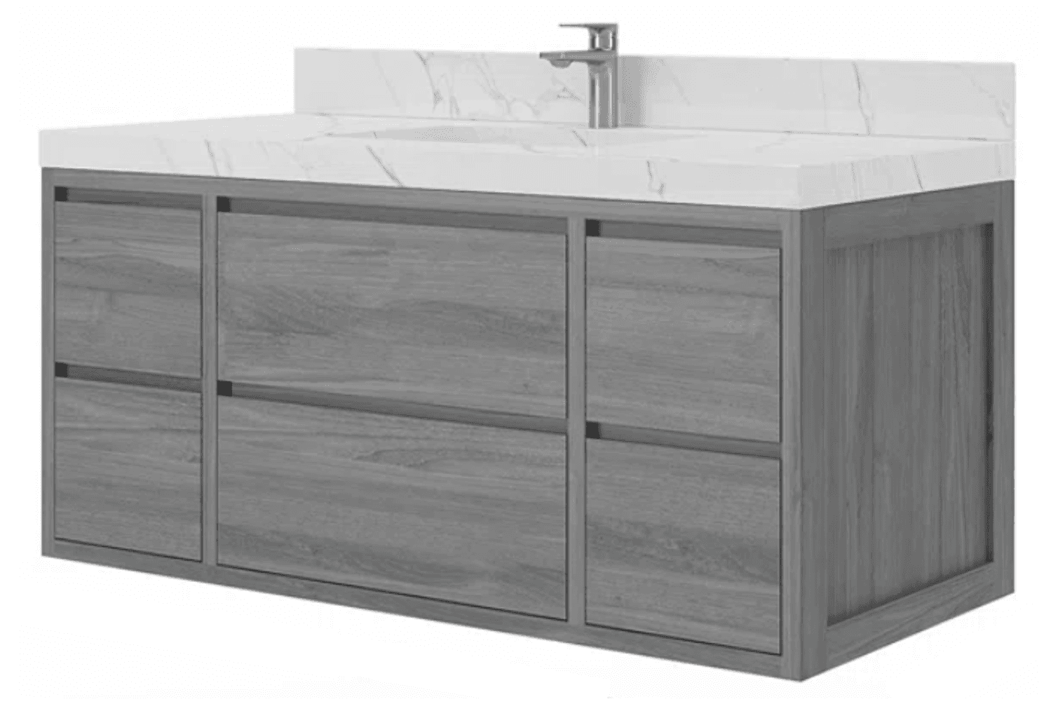 A modern, wall-mounted vanity with a white marble-look countertop and a grey wood-grain finish on the cabinet doors and drawers. It features a sleek, minimalist design with integrated handles. A chrome faucet is mounted on the countertop. — 3D model