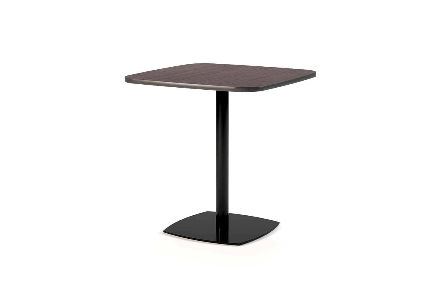 A modern accent table with a square, slightly rounded top and a central pedestal base. The tabletop has a dark wood grain finish, and the pedestal and base are black and appear to be made of metal. The base is flat and shaped like a rounded square. — 3D model