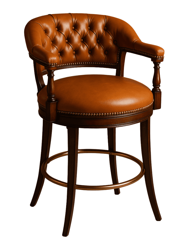 A tufted leather bar stool with a wooden frame. The seat and backrest are upholstered in brown leath… — 3D model