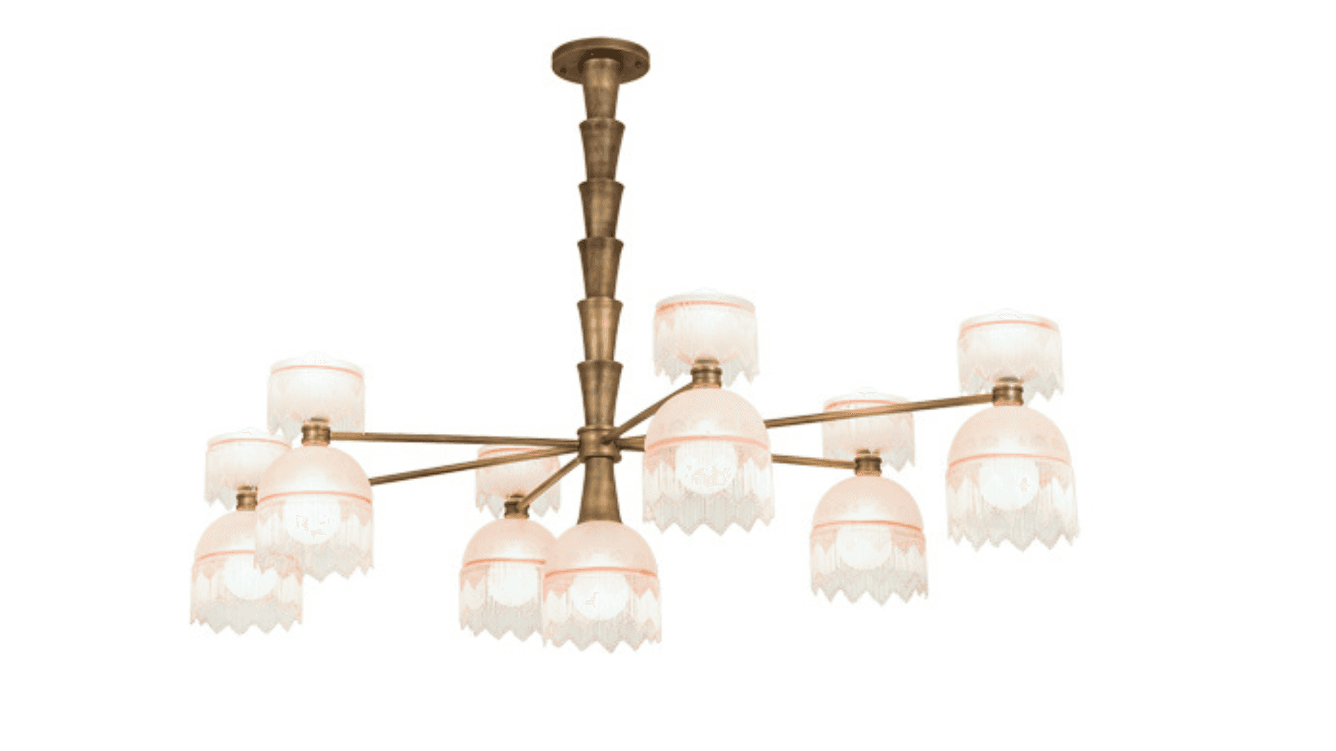 A brass chandelier with a central stem that has a stacked, segmented design. It features eight arms… — 3D model