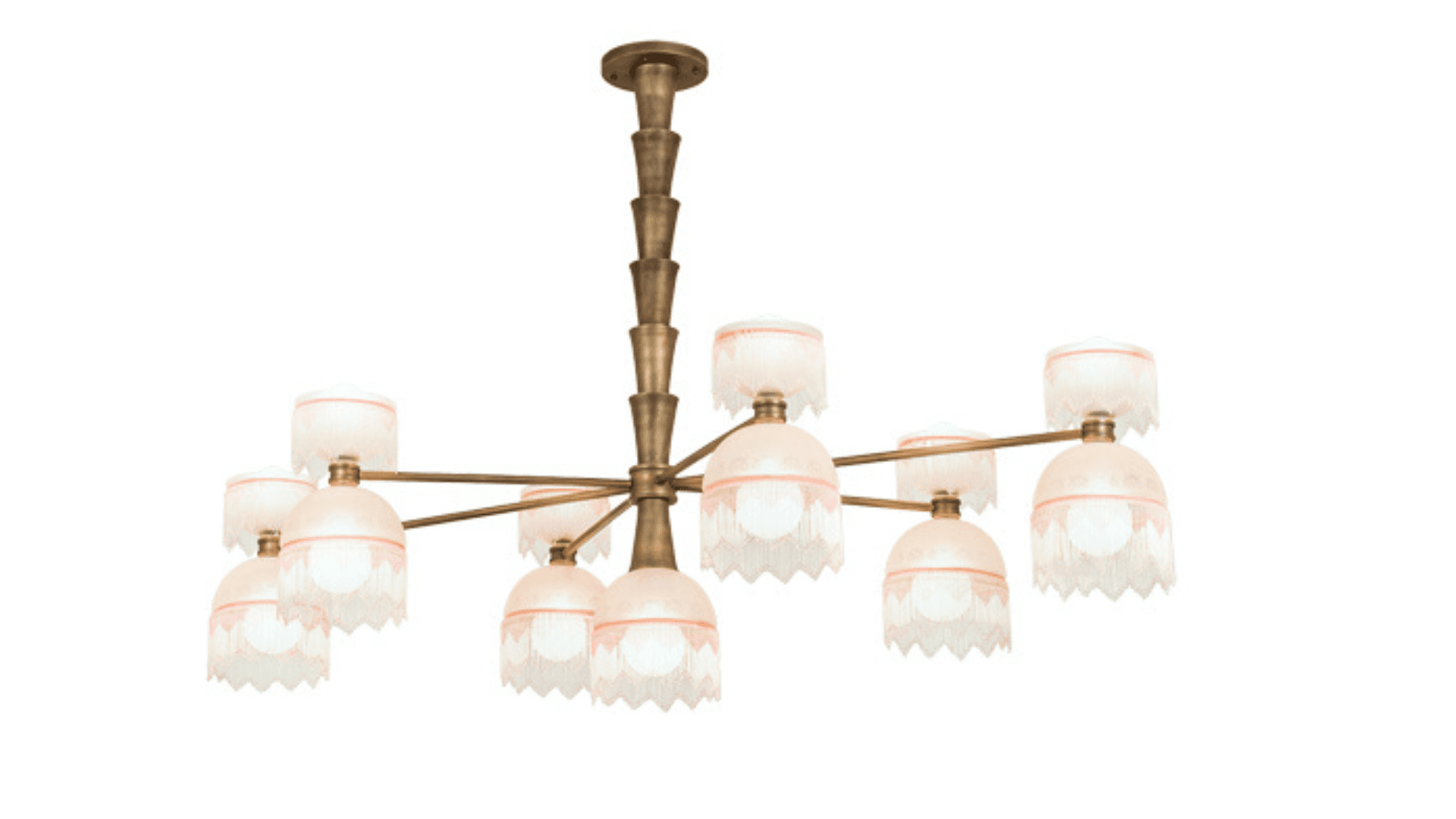 A brass chandelier with a central stem that has a stacked, segmented design. It features eight arms extending outwards, each supporting a bell-shaped glass shade. The shades are translucent white with a decorative pink trim along the scalloped edges. The central stem and arms appear to be made of metal. — 3D model